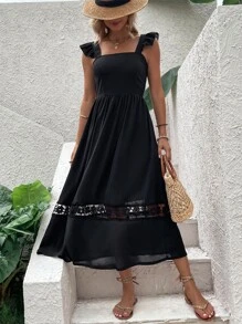 Ruffle Detail Lace Floral Panel Dress - Black - View 6