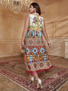 Mulvari 波西米亞流蘇人像 花卉印花加大洋裝