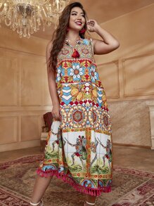 Mulvari 波西米亞流蘇人像 花卉印花加大洋裝