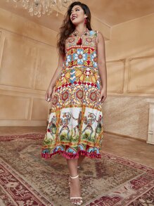 Mulvari 波西米亞流蘇人像 花卉印花加大洋裝