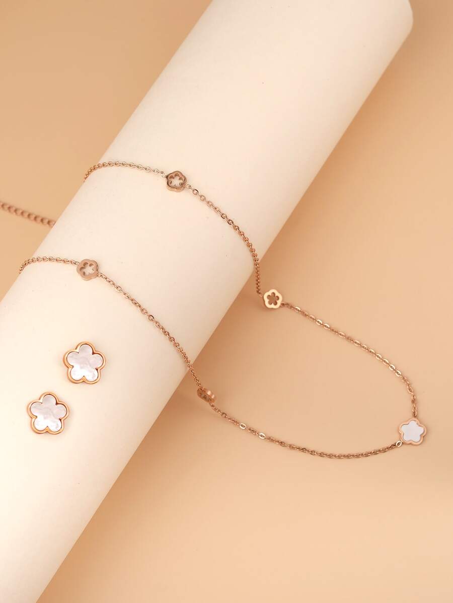 3pcs Flower Design Necklace & Earrings - Rose Gold - View 1