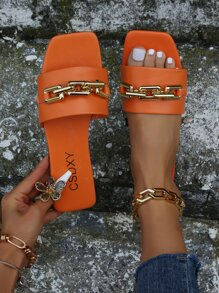 Chain Decor Slide Sandals - Orange - View 1