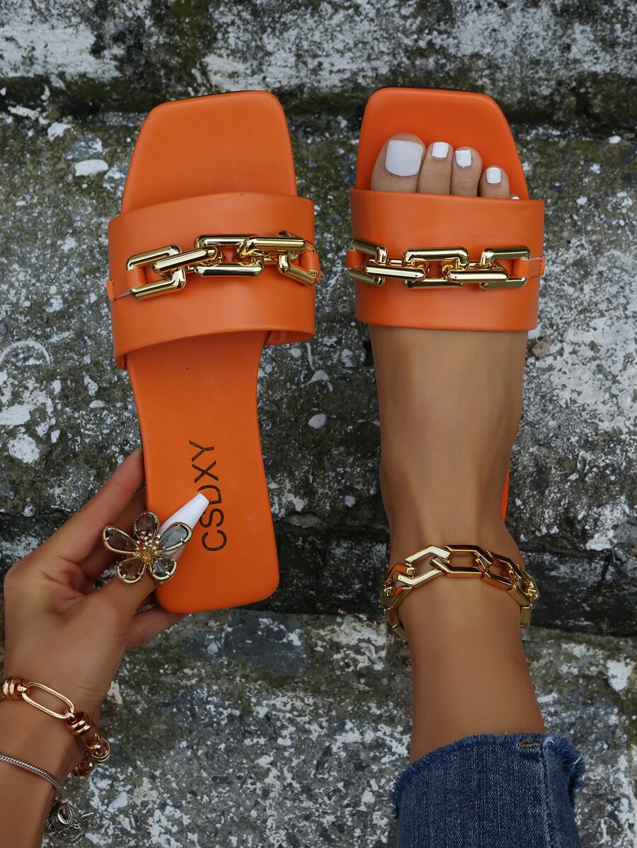 Chain Decor Slide Sandals - Orange - View 1