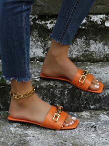 Chain Decor Slide Sandals - Orange - View 3