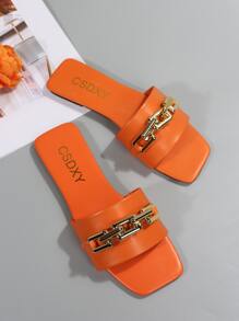 Chain Decor Slide Sandals - Orange - View 5