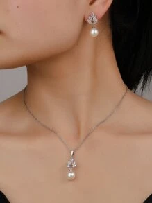 3pcs Cubic Zirconia & Faux Pearl Decor Necklace & Earrings