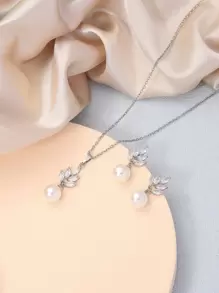3pcs Cubic Zirconia & Faux Pearl Decor Necklace & Earrings