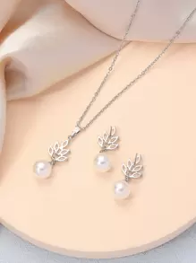 3pcs Cubic Zirconia & Faux Pearl Decor Necklace & Earrings