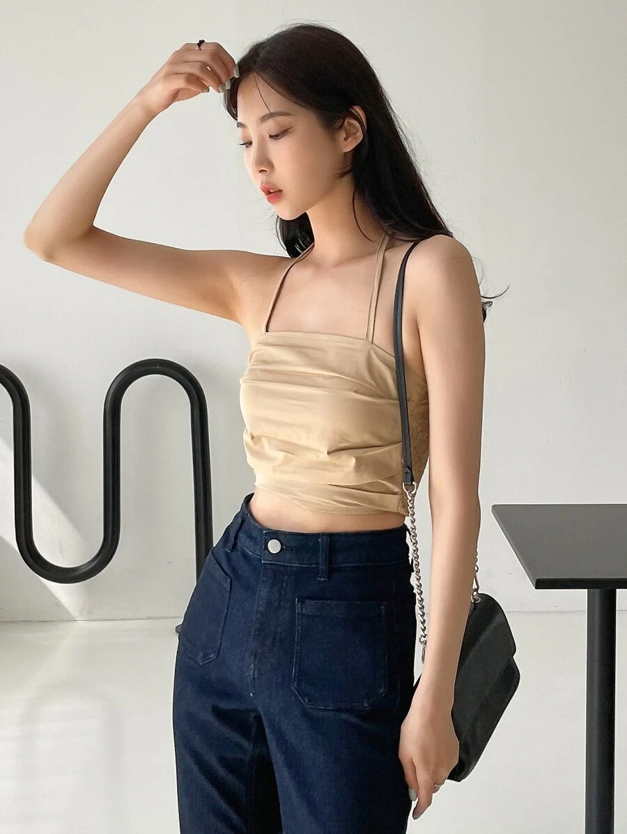 DAZY Áo ba lỗ hở lưng xếp ly hở vai - Màu Khaki - Xem 1