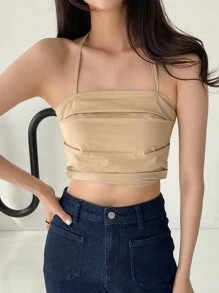 DAZY 露背褶饰吊带背心 - 卡其色 - 查看 6