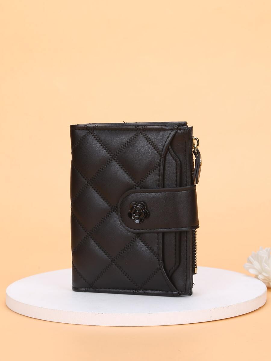 Quilted Small Wallet Credit Card Small ID Window Bi-Fold Men Wallet Mini Thin Lightweight Portable Credit Card ID Card Minimalist Fashion Modern Business Anniversary On Valentine Day For Birthday Gift Gift Couple Male Men Gift For Women Wallet Purse Wallet - Black - View 1