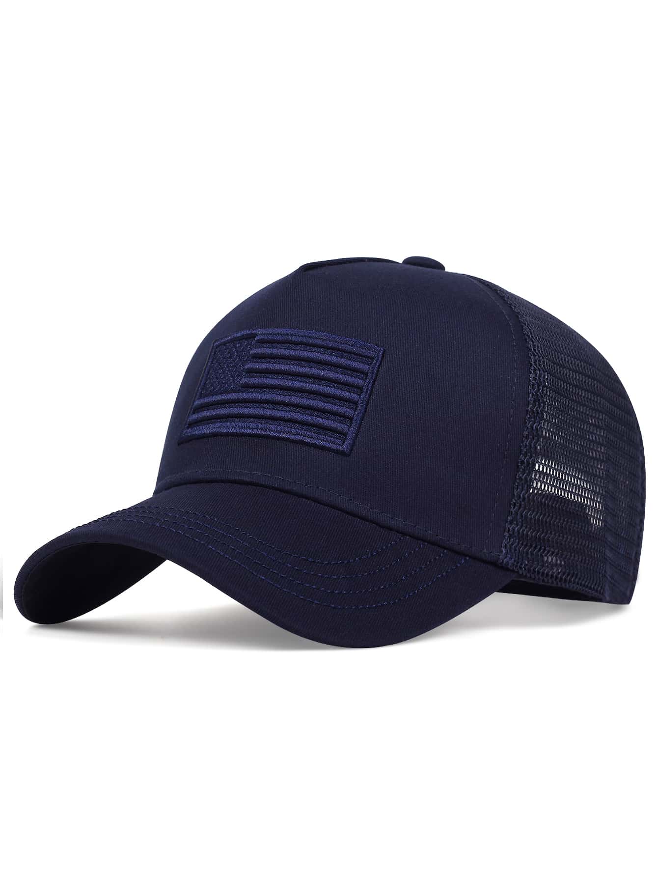 1 pieza gorra de béisbol con malla y bordado de bandera de EE. UU. para hombres, gorra casual ajustable para protección solar al aire libre, adecuado para viajes de primavera/verano y vacaciones en la playa - Azul Marino - Ver 1