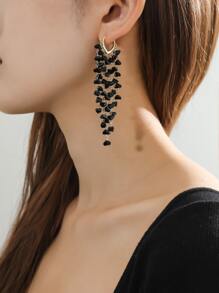 Bead Tassel Drop Earrings - Black - View 1