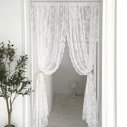1pc Flower Embroidered Lace Door Curtain, Lace Fabric Door Sheer Curtain For Home