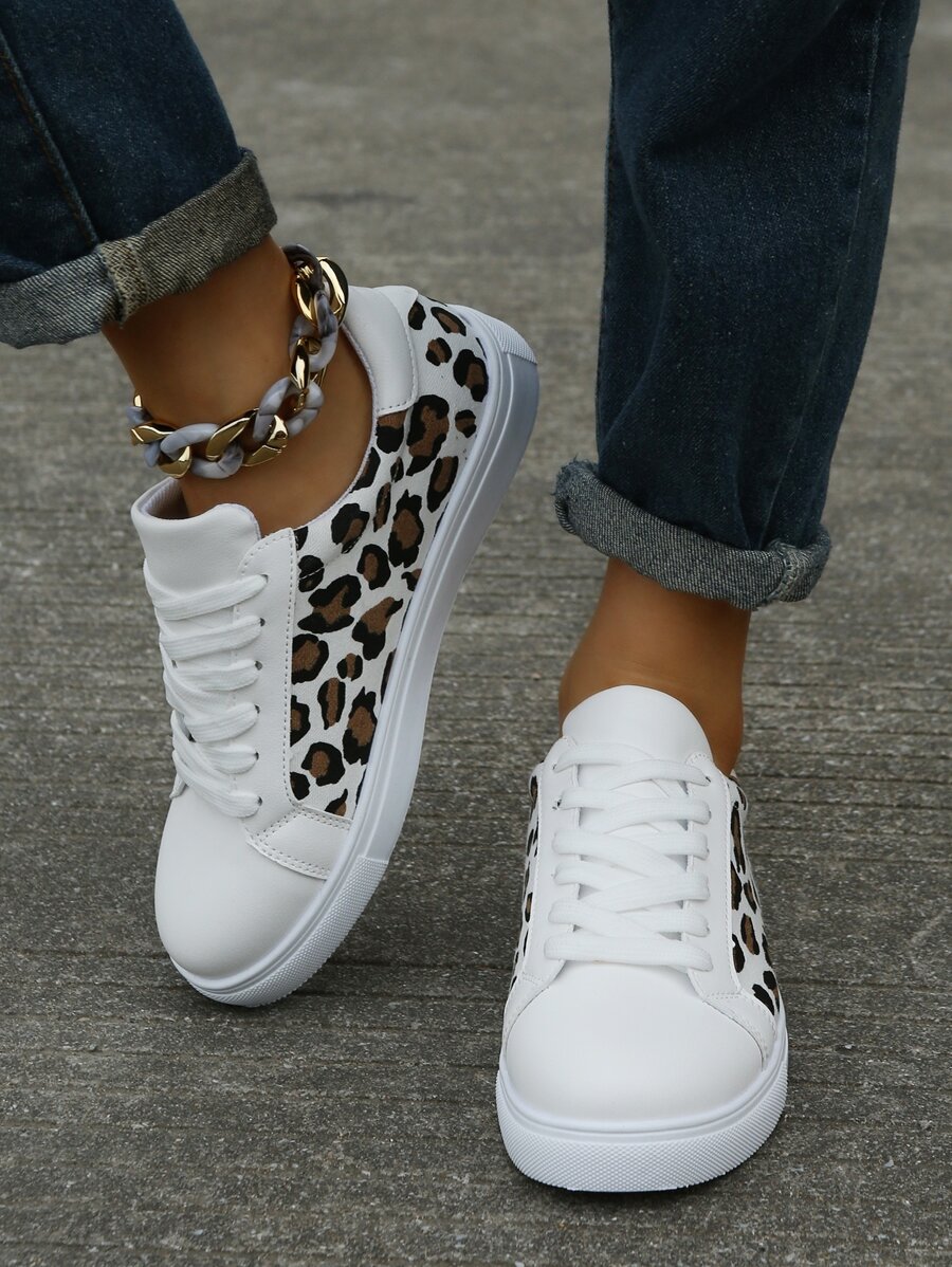 豹紋圖案前綁帶板鞋,撞色時尚豹紋印花女士休閒運動鞋 - 彩色 - 查看 1