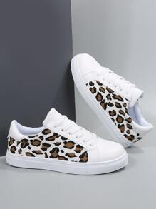豹紋圖案前綁帶板鞋,撞色時尚豹紋印花女士休閒運動鞋 - 彩色 - 查看 5