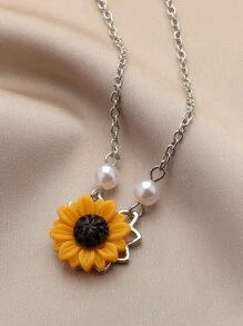 Dellgoo 1pc Silver Simple Pearl & Sunflower Charm Necklace For Women - Silver - View 2