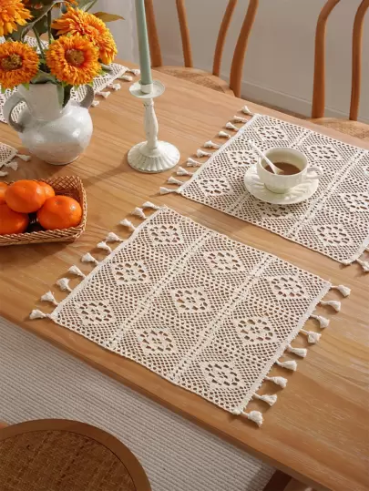 Bubaba 1 tấm lót bàn đan móc màu be, kiểu dáng tối giản Bohemian, làm thủ công, có tua rua, thích hợp cho đám cưới, bàn ăn hàng ngày, đồ nội thất, khăn phủ bụi cho thiết bị, tiệc tùng, nhà bếp, khăn trải bàn tròn, dùng được quanh năm.