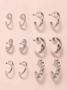 6 pares Pendientes de aro abierto con diseño de diamante de imitación - Plateado - Ver 1