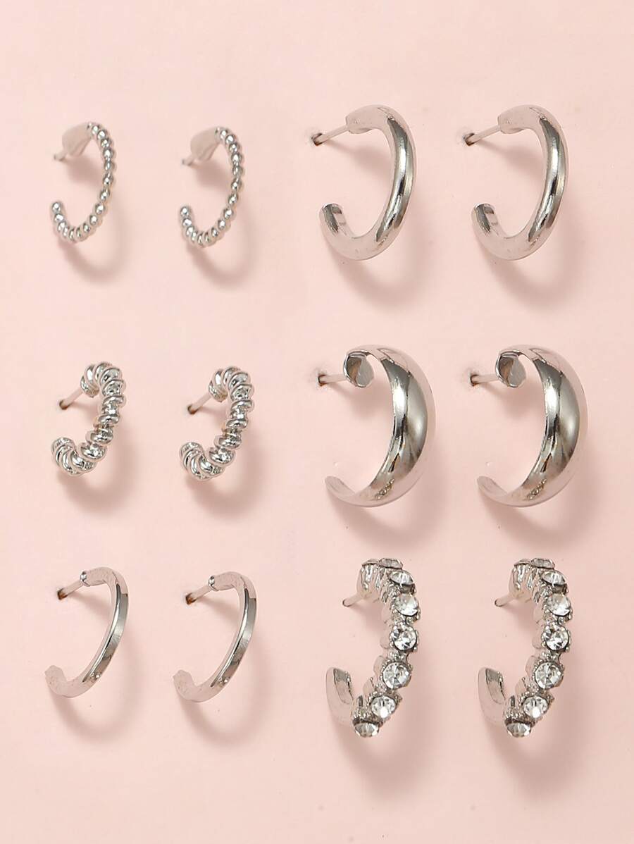 6 cặp Bông tai Rhinestone Trang trí Cuff Hoop - Bạc - Xem 1