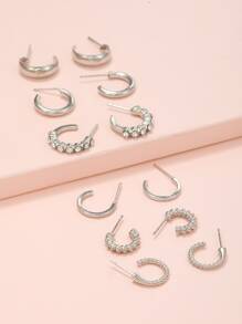 6 pares Pendientes de aro abierto con diseño de diamante de imitación - Plateado - Ver 2