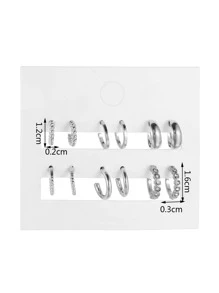 6 pares Pendientes de aro abierto con diseño de diamante de imitación - Plateado - Ver 3