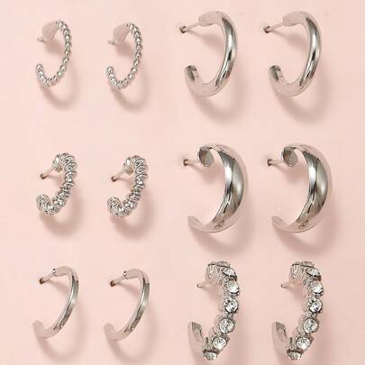 6雙水鑽裝飾開口耳環