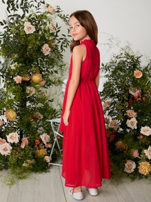 SHEIN Leap Crew Tween Girl Frill Mock Neck High Low Chiffon Dress - Red - View 2