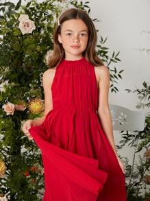 SHEIN Leap Crew Tween Girl Frill Mock Neck High Low Chiffon Dress - Red - View 5
