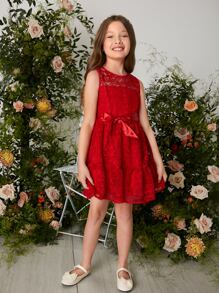 SHEIN Tween Girl Floral Lace Ruffle Hem Belted Dress - Red - View 3