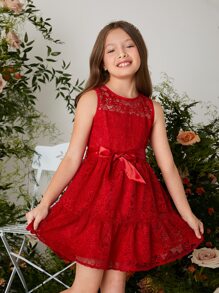 SHEIN Tween Girl Floral Lace Ruffle Hem Belted Dress - Red - View 5