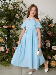 SHEIN Niñas Vestido de cuello con abertura de ojo de hombros descubiertos ribete con fruncido de gasa - Celeste - Ver 1
