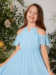 SHEIN Niñas Vestido de cuello con abertura de ojo de hombros descubiertos ribete con fruncido de gasa - Celeste - Ver 4