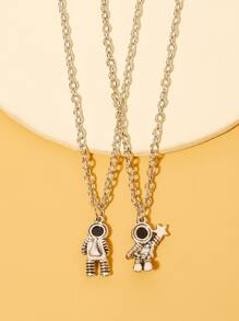 2入組/套歐美風格復古合金太空人擁抱星星情侶吊墜項鍊,適合日常穿著 - 復古銀色 - 查看 2