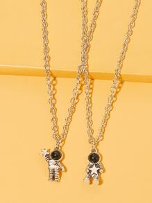 2入組/套歐美風格復古合金太空人擁抱星星情侶吊墜項鍊,適合日常穿著 - 復古銀色 - 查看 3