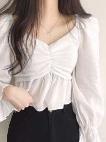 DAZY 褶饰胸围荷叶边袖荷叶边衬衫，荷叶边，秋季服装长袖上衣 - 白色 - 查看 7