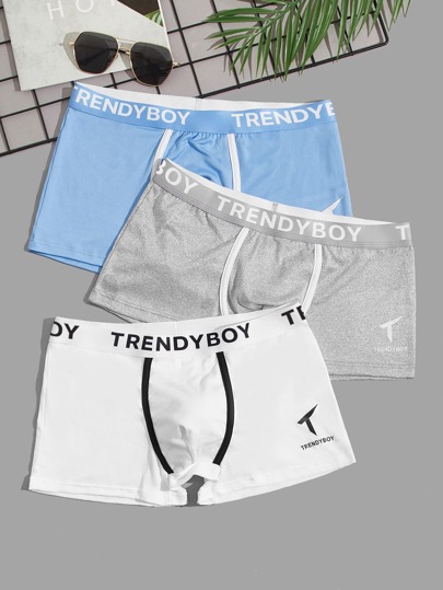 للرجال سروال داخلي بوكسر بطباعة أحرف شريط متباين 3 قطع