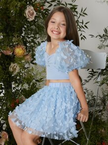 SHEIN 女孩貼花蝴蝶褶邊雞心領口短款上衣和半身裙 - 淺藍色 - 查看 3