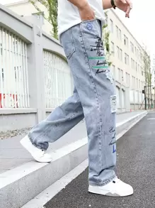 Manfinity EMRG Hombres Jeans de pierna recta algodón con estampado de slogan desgarro - Lavado ligero - Ver 4