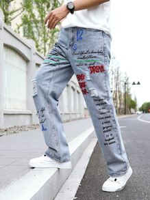 Manfinity EMRG Hombres Jeans de pierna recta algodón con estampado de slogan desgarro - Lavado ligero - Ver 5