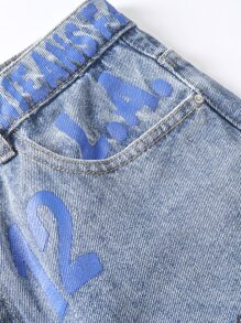 Manfinity EMRG Hombres Jeans de pierna recta algodón con estampado de slogan desgarro - Lavado ligero - Ver 10