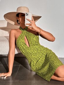 SHEIN Unity All Over Print Cut Out Halter Dress - Olive Green - View 1