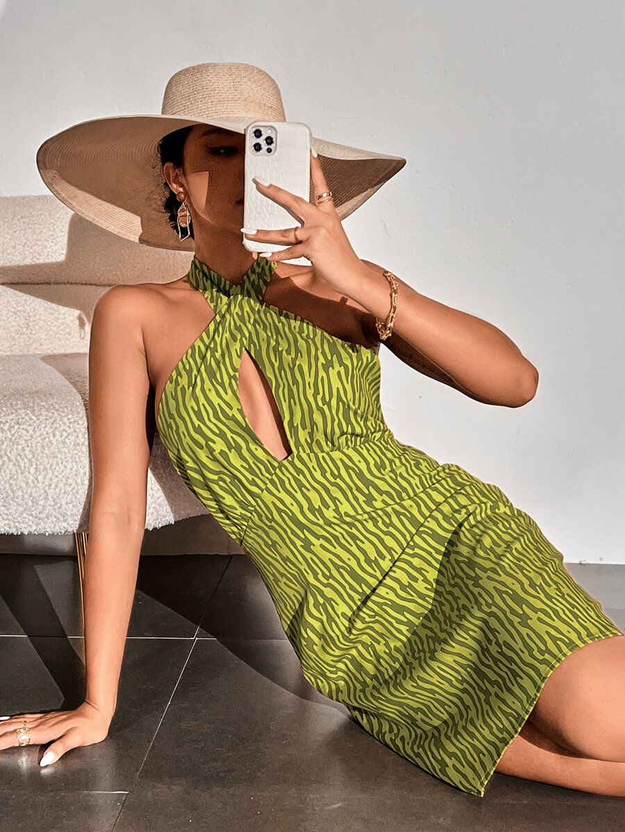 SHEIN Unity All Over Print Cut Out Halter Dress - Olive Green - View 1