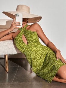 SHEIN Unity All Over Print Cut Out Halter Dress - Olive Green - View 3