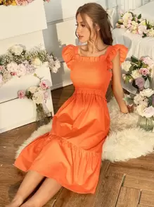 Vestido ribete fruncido con fruncido bajo con fruncido - Naranja - Ver 1