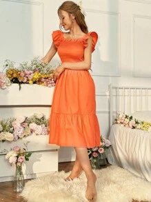 Vestido ribete fruncido con fruncido bajo con fruncido - Naranja - Ver 6