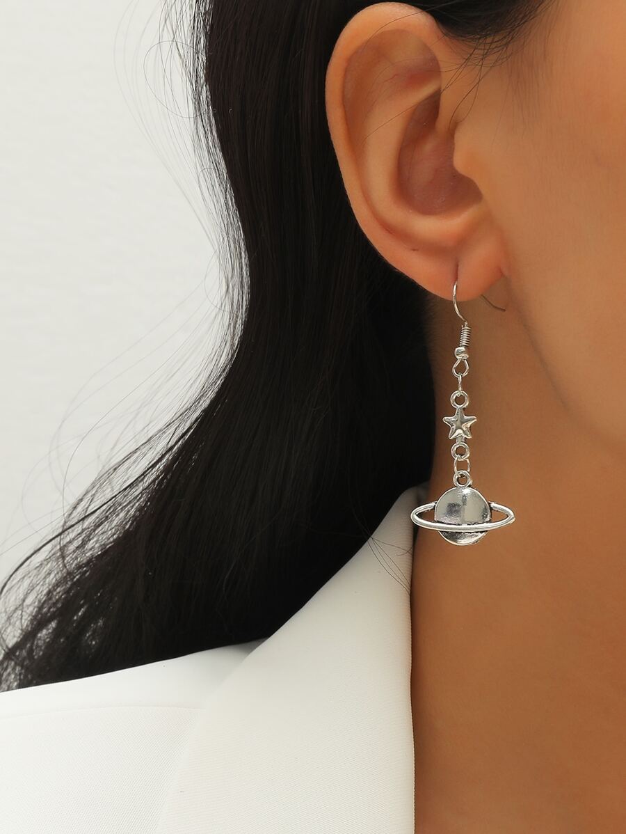 1pair Metallic Star & Saturn Shaped Vintage & Cute Pendant Earrings For Women, Suitable For Festival Gift And Daily Wear - Antique Silver - View 1