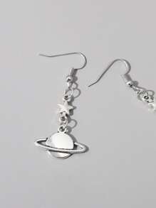 1pair Metallic Star & Saturn Shaped Vintage & Cute Pendant Earrings For Women, Suitable For Festival Gift And Daily Wear - Antique Silver - View 2