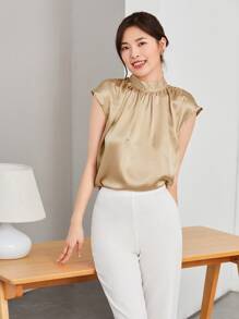 BizChic Tie Back Cap Sleeve Satin Top Workwear - Apricot - View 1