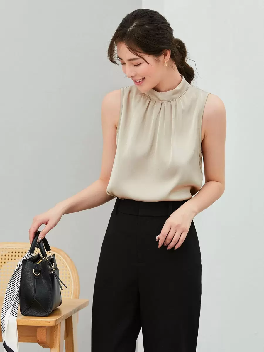 BizChic Women's Solid Color High Neck Pleated Decor Sleeveless Satin Loose Blouse, Basic Urban Commute Simple Elegant Fashionable Business Casual, Suitable For Teachers, Office, Weddings, Concerts - Apricot - View 1